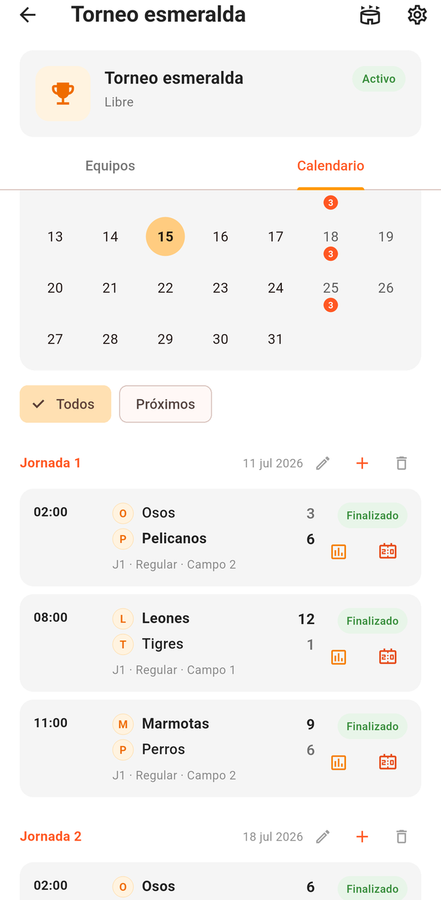 Calendario del torneo con jornadas y juegos programados